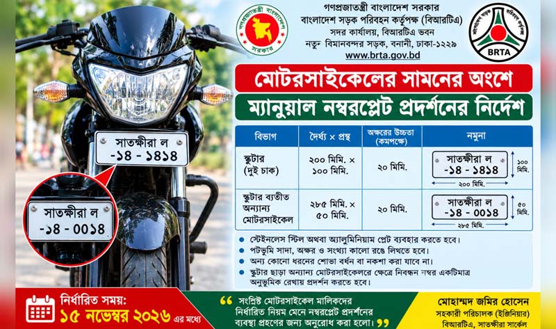 মোটরসাইকেলের সামনে ম্যানুয়াল নম্বরপ্লেট লাগানোর নির্দেশ, সময় ১৫ নভেম্বর পর্যন্ত